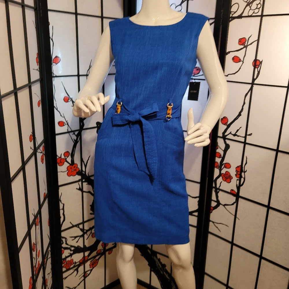 ELLEN TRACY. .COB BLUE PENCIL DRESS W/BELT SIZE 2 NEW TAGS ON